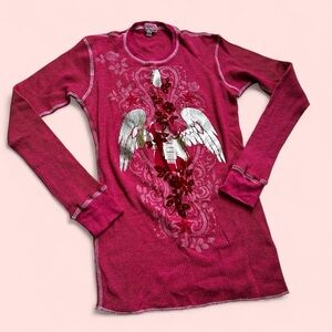 Y2 Rare Yvette Mandell Electric Guitar and Wings Rhinestoned Long Sleeve Top, M